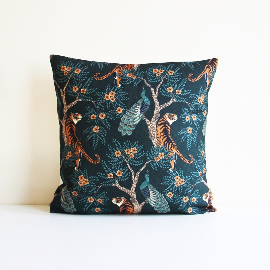 11WHITELANE — Emerald Green Tiger and Peacock Throw Pillow Cover — best for Best maximalist statement
