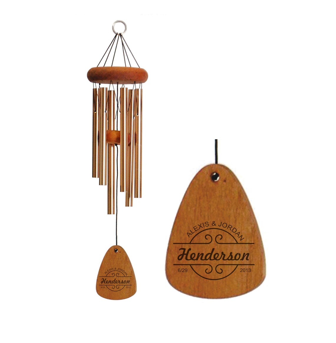 Personalized anniversary wind chime engraved with names and date from FireWoodCreations on Etsy