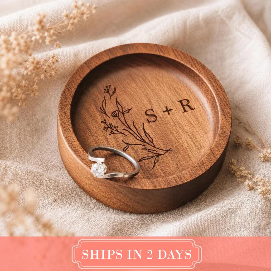 Personalized walnut wood ring dish engraved with names from HundredHeartsHome on Etsy