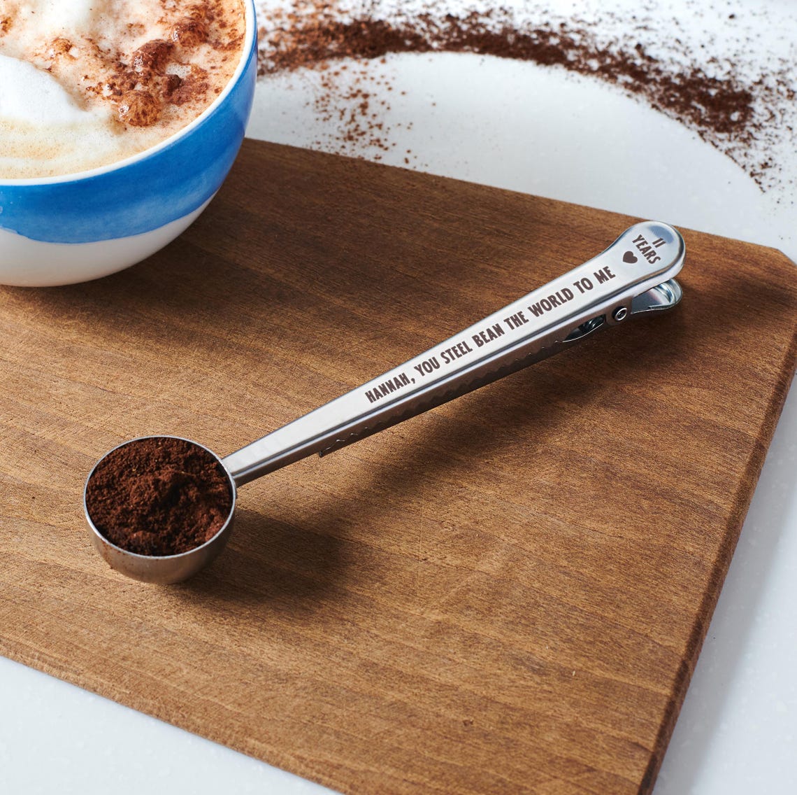 Engraved steel coffee scoop for eleventh anniversary from OakdeneDesigns on Etsy