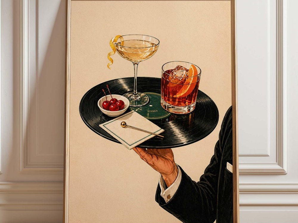 VoxFeline — Vintage Cocktail Print, Vinyl Record Bar Art — best for Best bar cart print