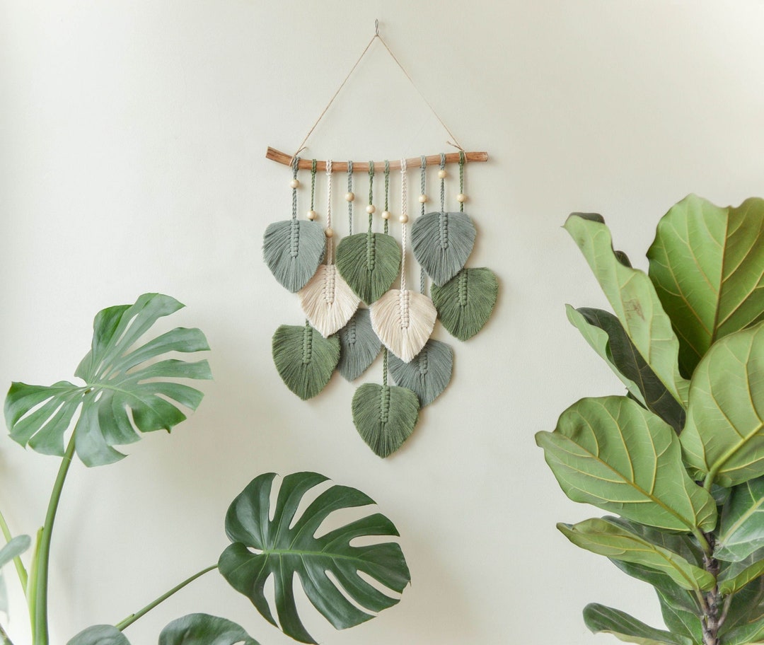 BeanDaikon — Green Leaves Macrame Wall Hanging, Macrame Feather — best for Best minimalist leaf pick