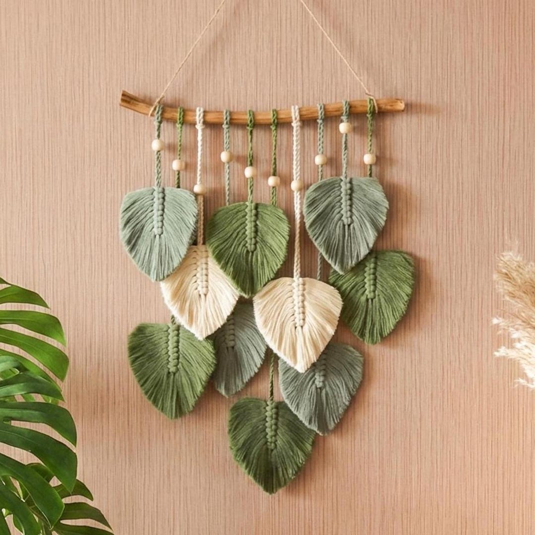HeartCraftedVN — Macrame Leaf Wall Hanging, Green Boho Tapestry — best for Best matched-pair alternative