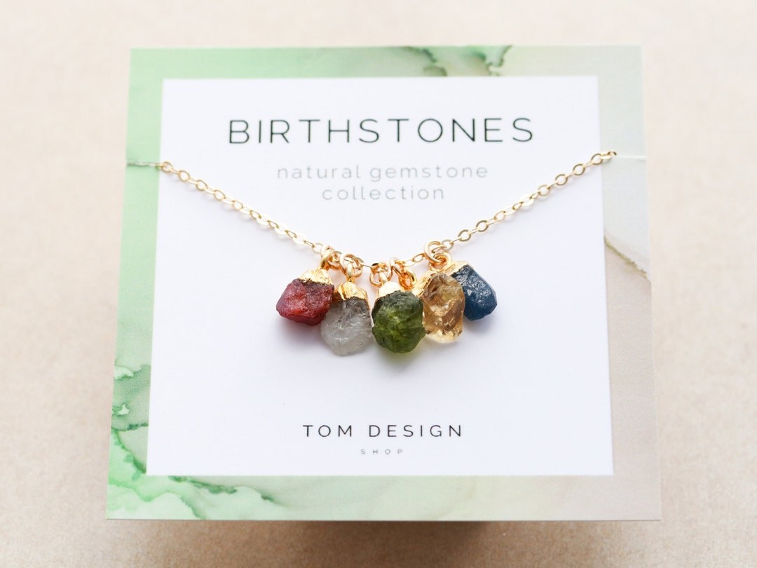 TomDesign raw uncut gemstone pendant on a fine gold chain, a birthstone necklace for mom