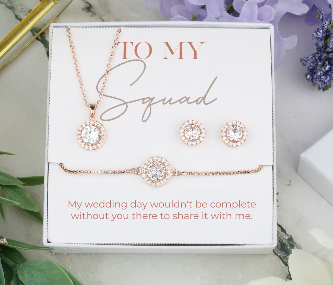 Dazzlingdsgn rose gold plated bridesmaid necklace and earring set on white