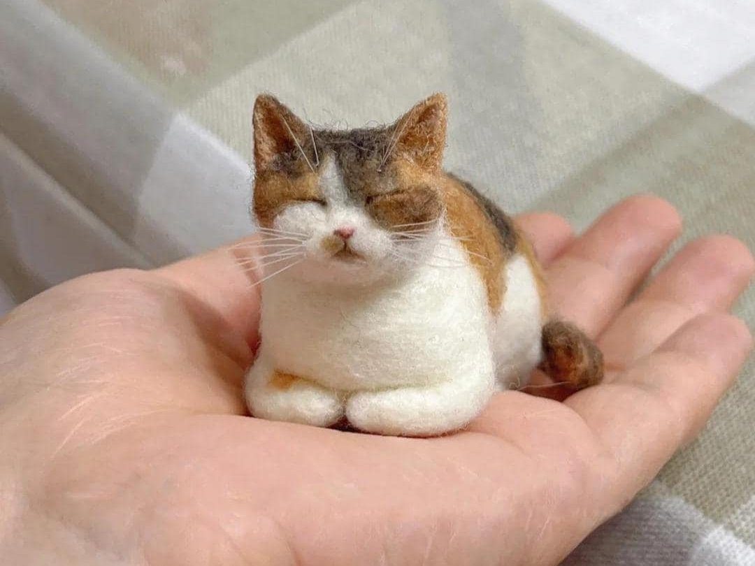 Small needle-felted wool sculpture of a tabby cat made to match a customer photo, a keepsake cat mom gift