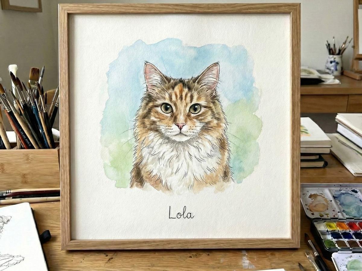 Loose watercolor portrait of a cat on textured paper in warm tones, a budget-friendly cat mom gift