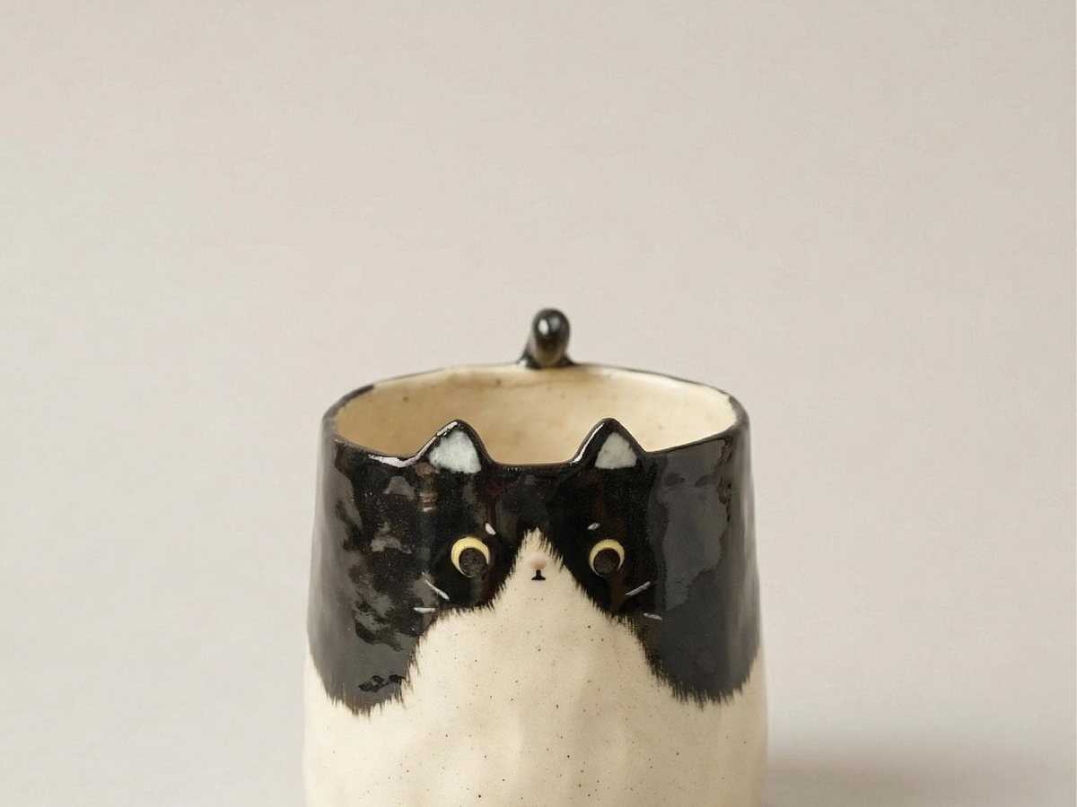 Hand-built cream stoneware mug with a black-and-white cat face and pointed ears shaped into the rim