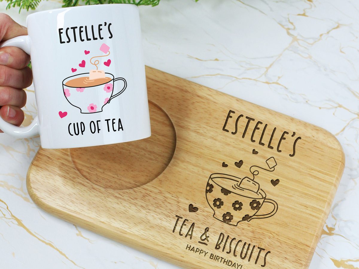 Engraved wooden tea and biscuits board sized for a mug, a personalised Christmas gift for grandma