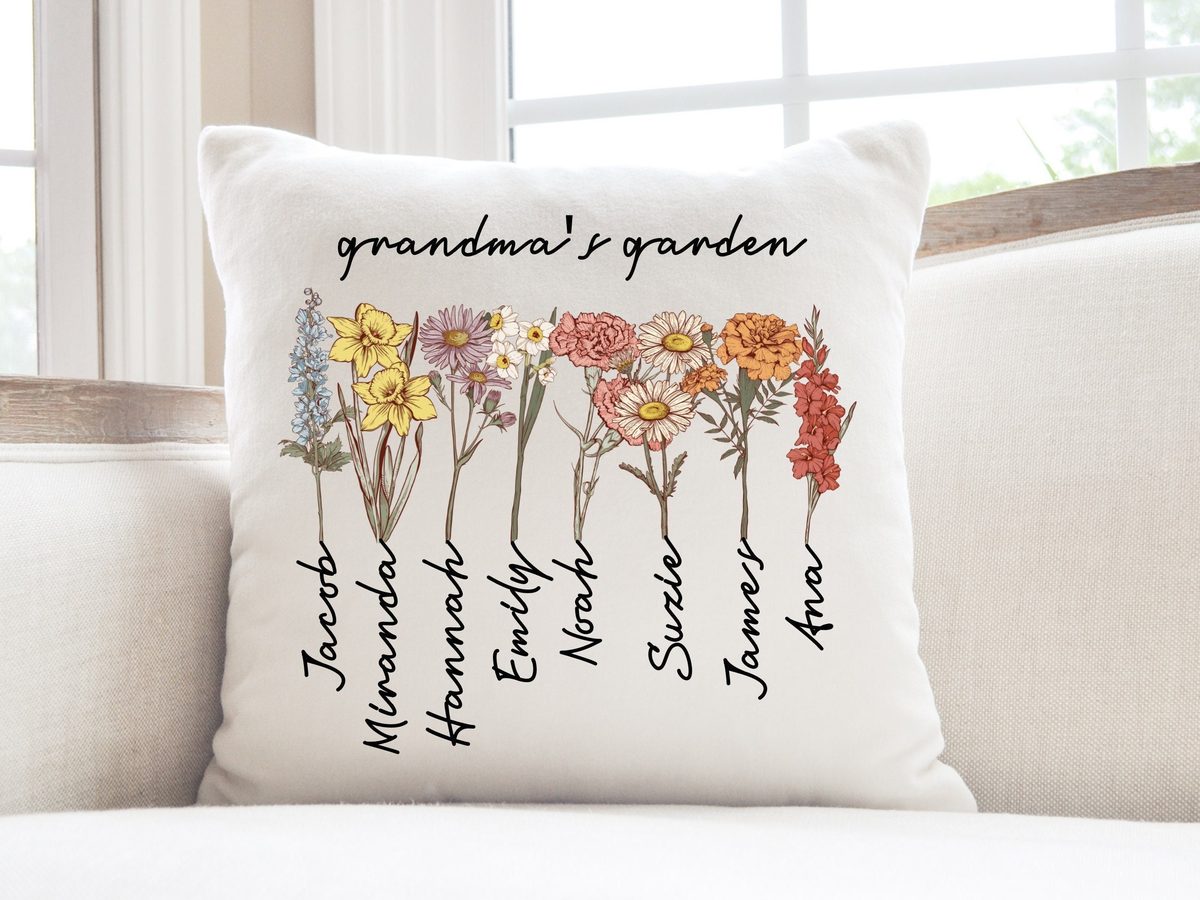 Cushion cover printed with a birth flower and name for each grandchild, a Christmas gift for grandma