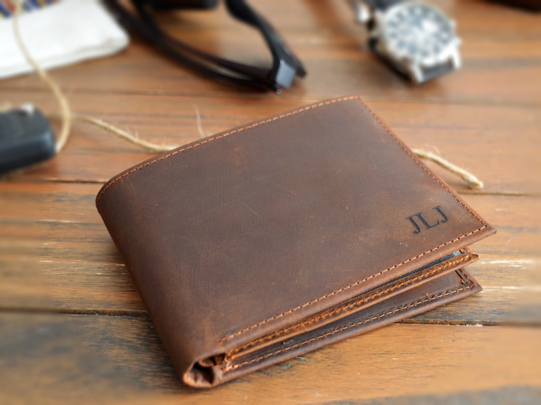 Personalized leather bifold wallet with handwriting engraved inside, from CaglarCreations