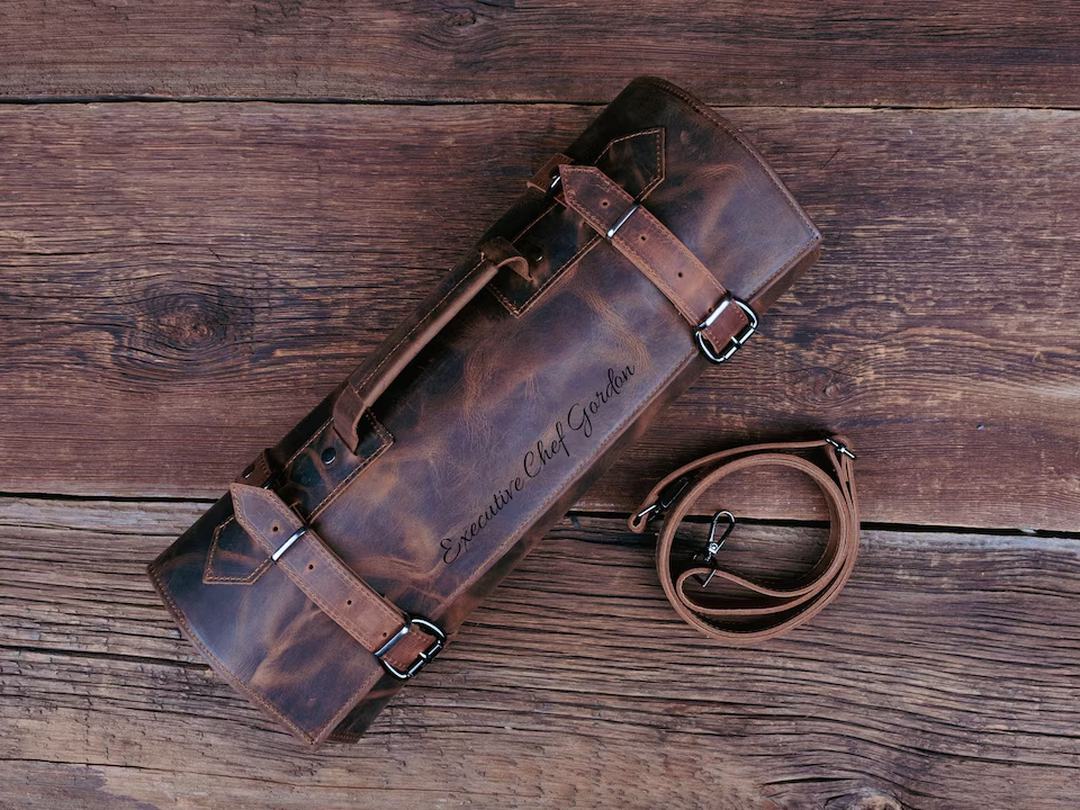 Leather chef knife roll with engraved initials, made by AdnLeather