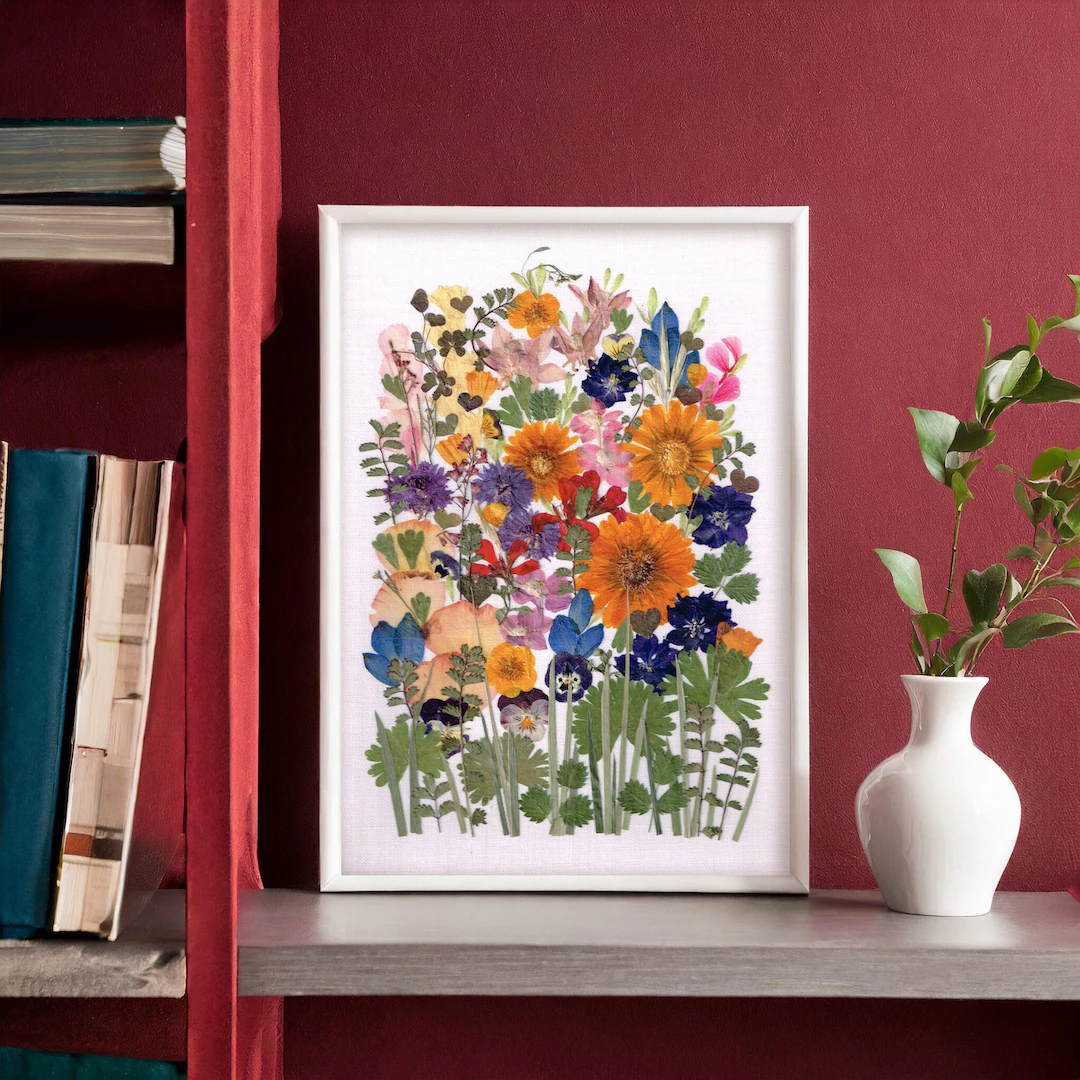Framed pressed and dried flower wall art in a glass frame, a Christmas gift for a sister who likes flowers