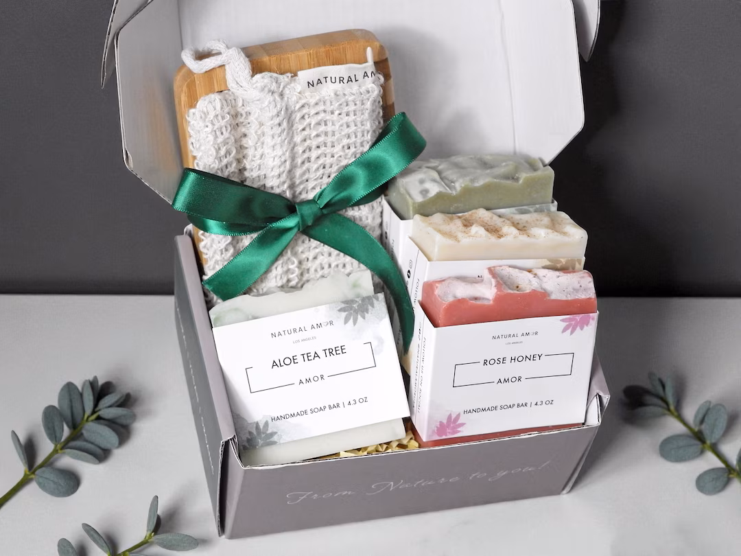 Handmade soap bars in a personalized gift box, a consumable Christmas gift for a sister