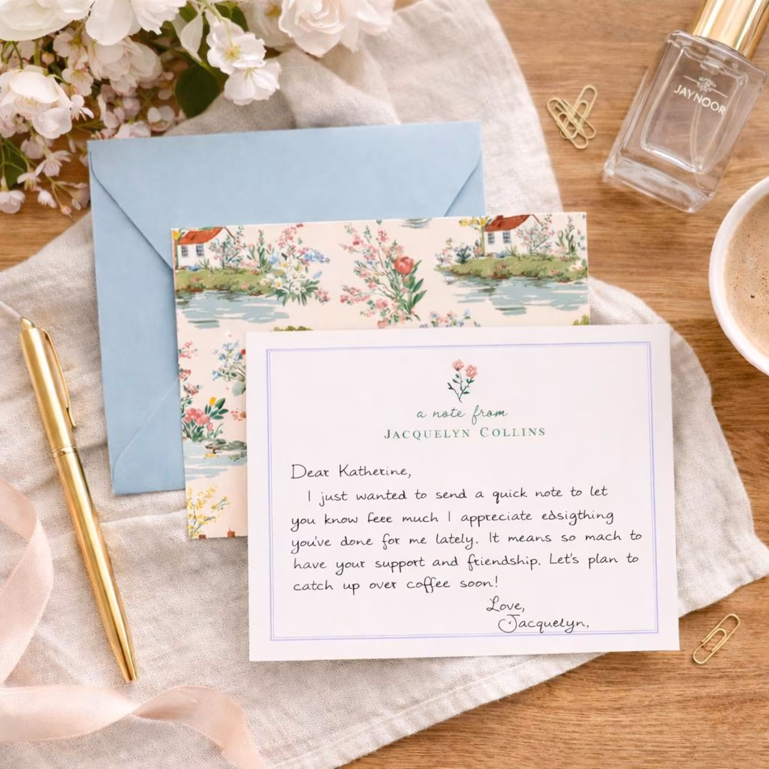 Personalized floral note card set printed with a name, a Christmas gift for a sister who writes letters
