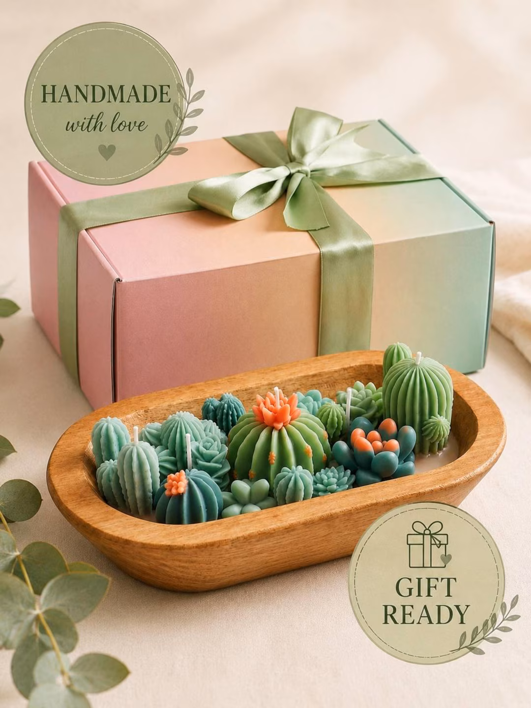 Handmade dough bowl candle shaped with succulents and cacti, a rustic Christmas centrepiece gift for a sister