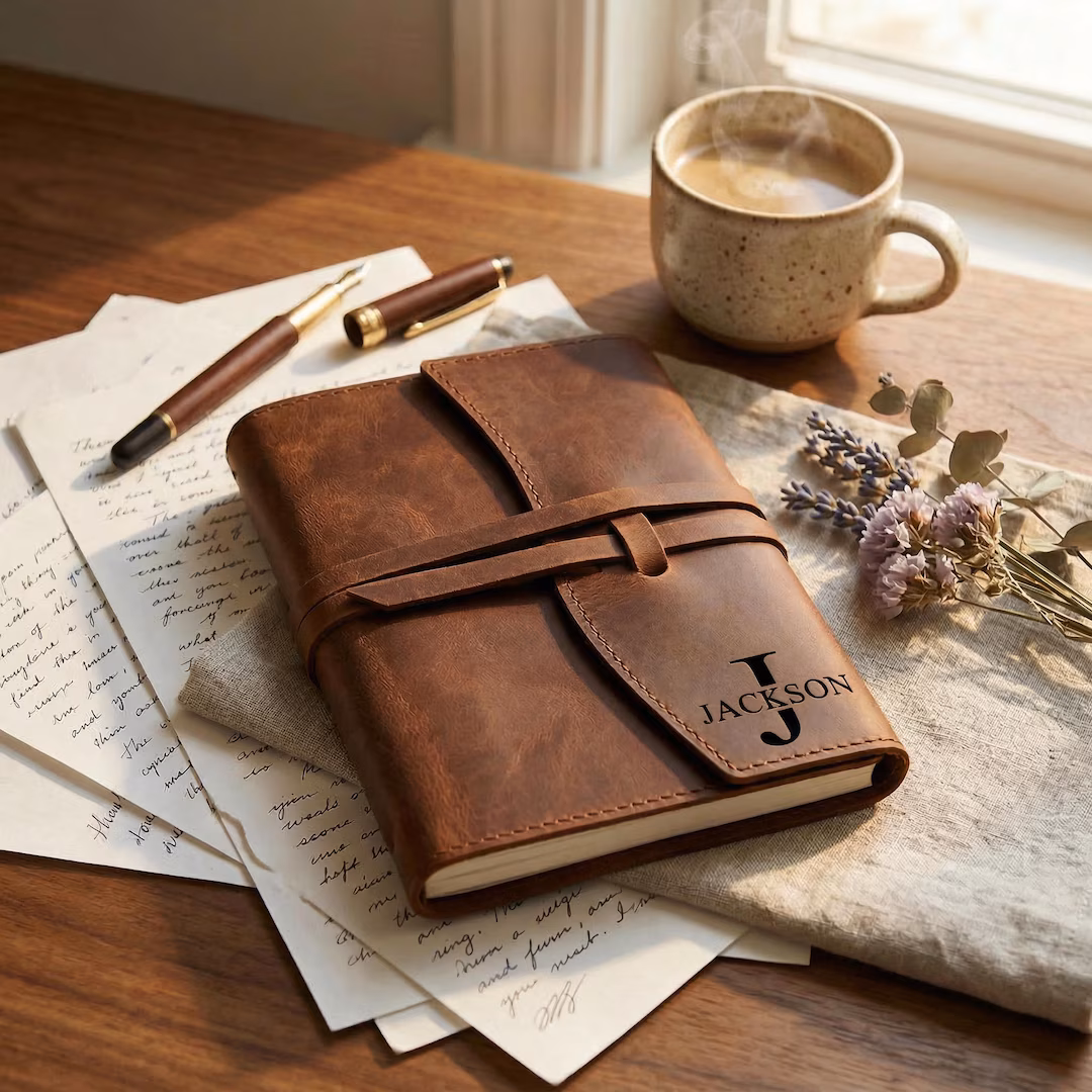 Refillable engraved leather journal with a personalized cover, a Christmas gift for a sister who journals