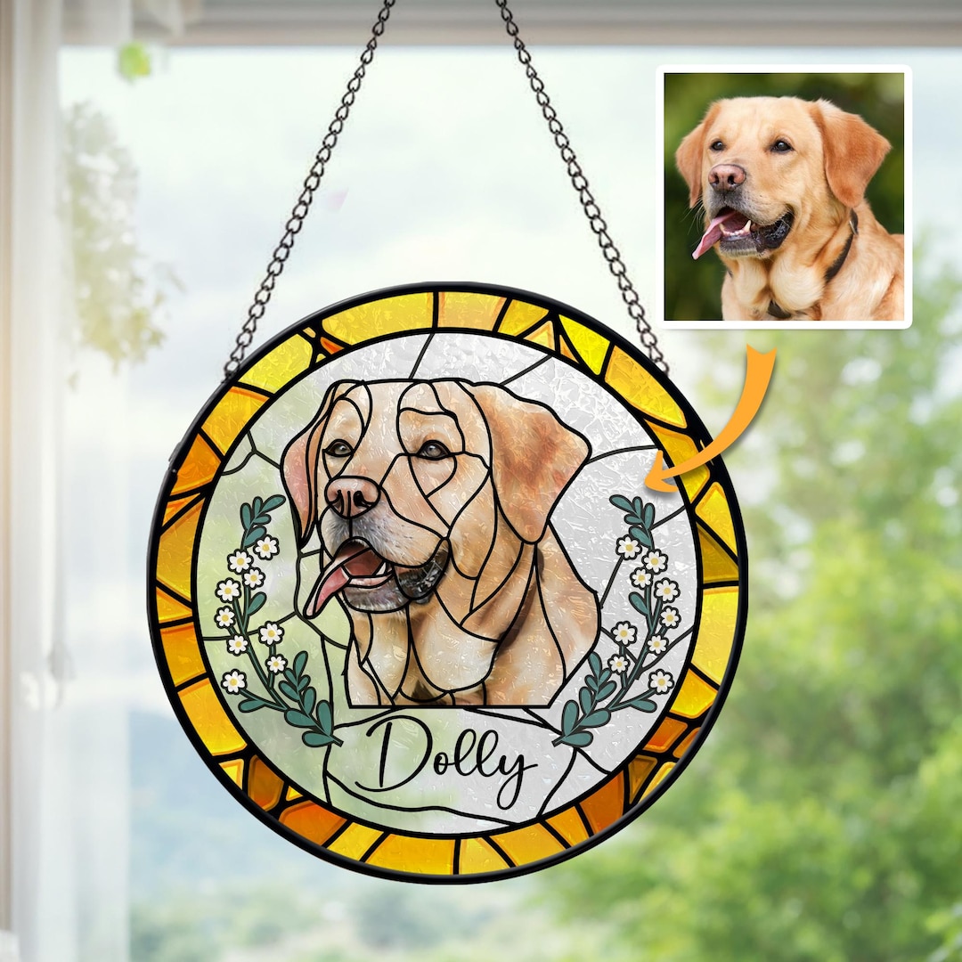 Custom pet portrait stained glass suncatcher hanging in window Coocachoo Etsy