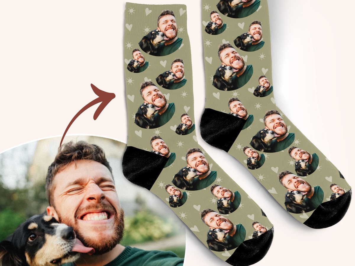 Olive green socks printed with a photo of a laughing man and his dog, a gift for a dog dad