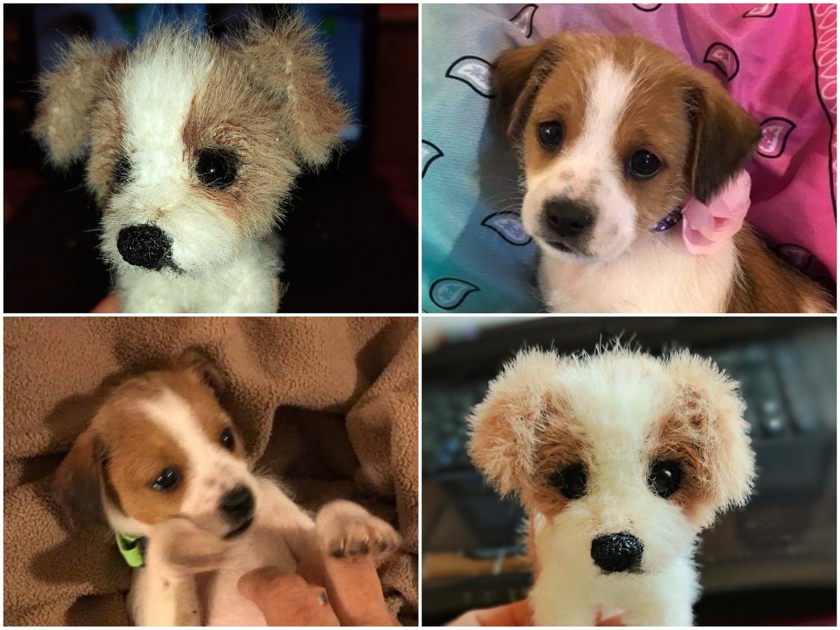 Four crochet yarn dog plush heads beside the puppy photos each was made from, a gift for a dog dad