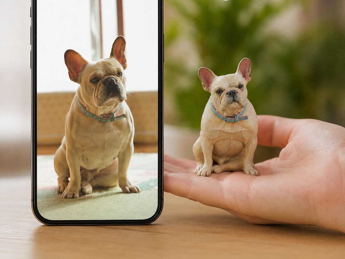 Small hand-painted French bulldog figurine in a palm beside the phone photo, a custom gift for a dog dad
