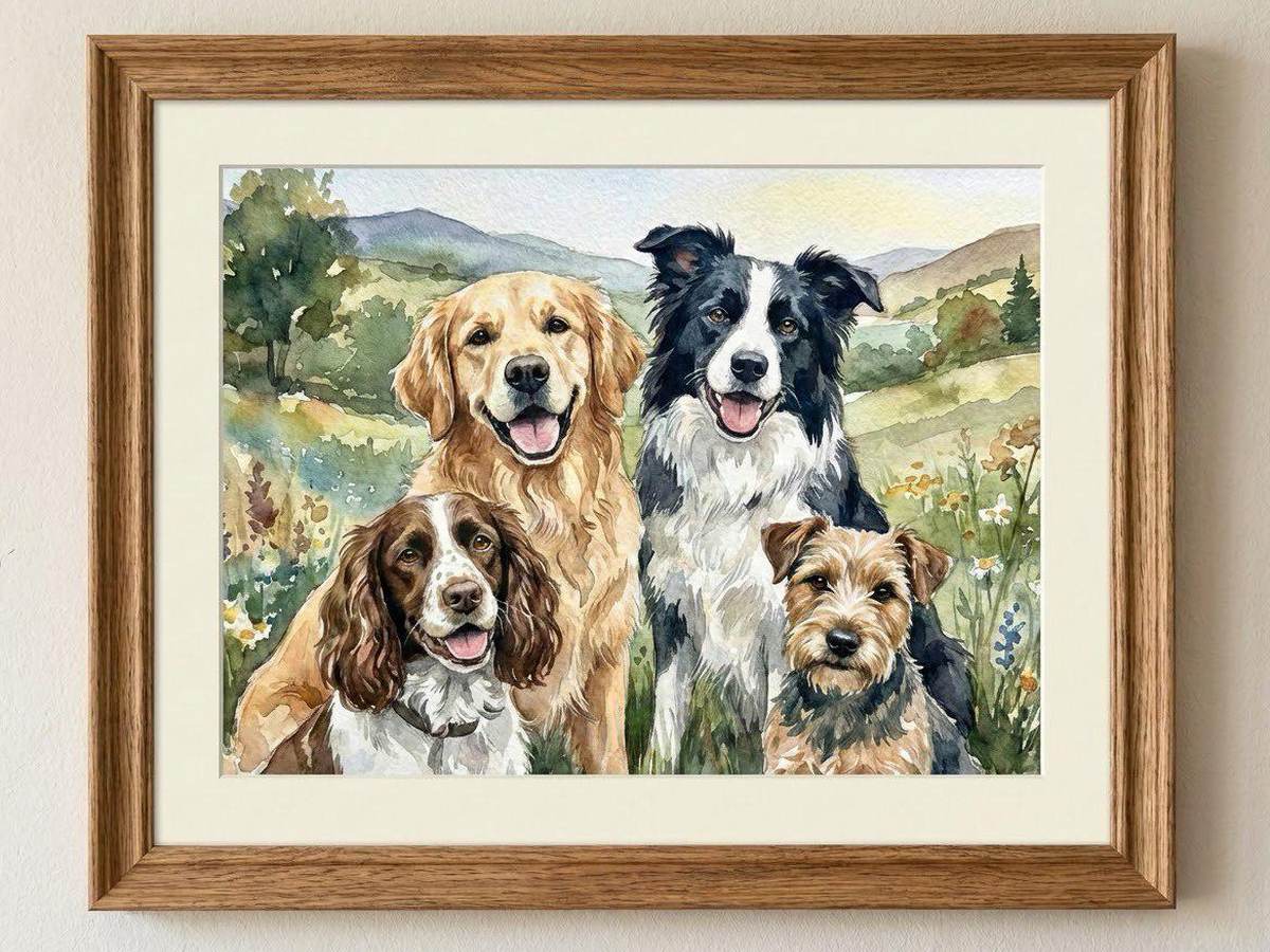 Framed watercolor painting of four dogs in a hilly meadow in a wooden frame, a gift for a dog dad