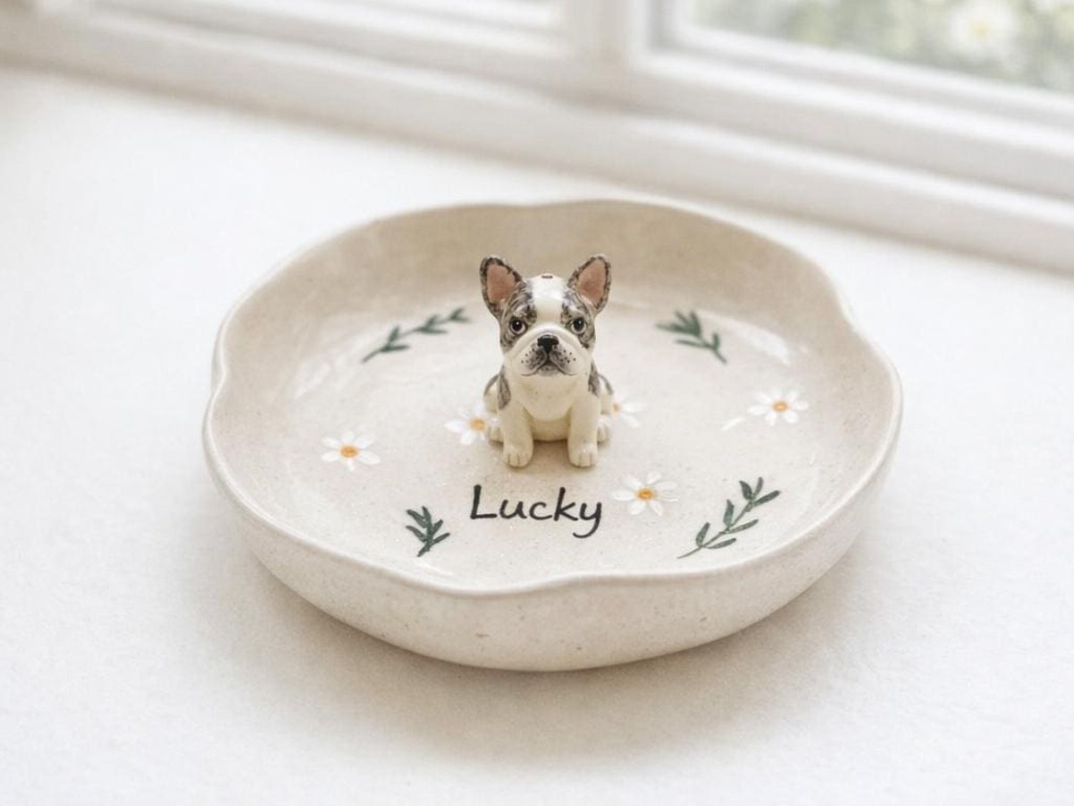 Scalloped ceramic dish with a small sculpted French bulldog in the center, a name and daisies painted around it