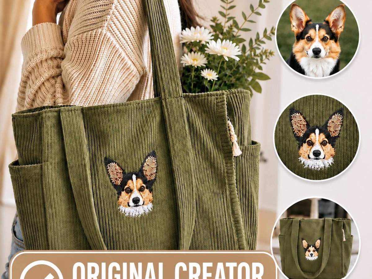 Canvas tote bag with an embroidered portrait of a dog stitched from a customer photo