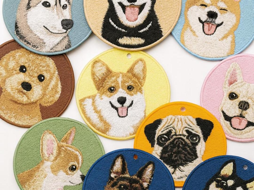Round embroidered keychain patches showing detailed stitched dog faces in bright colors