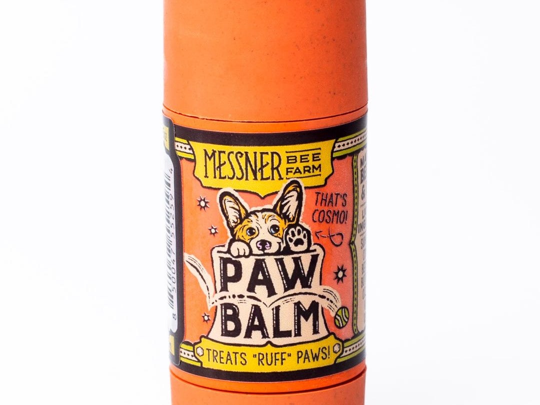 Small tin of handmade beeswax paw balm for winter dog paws, a practical stocking gift for a dog mom