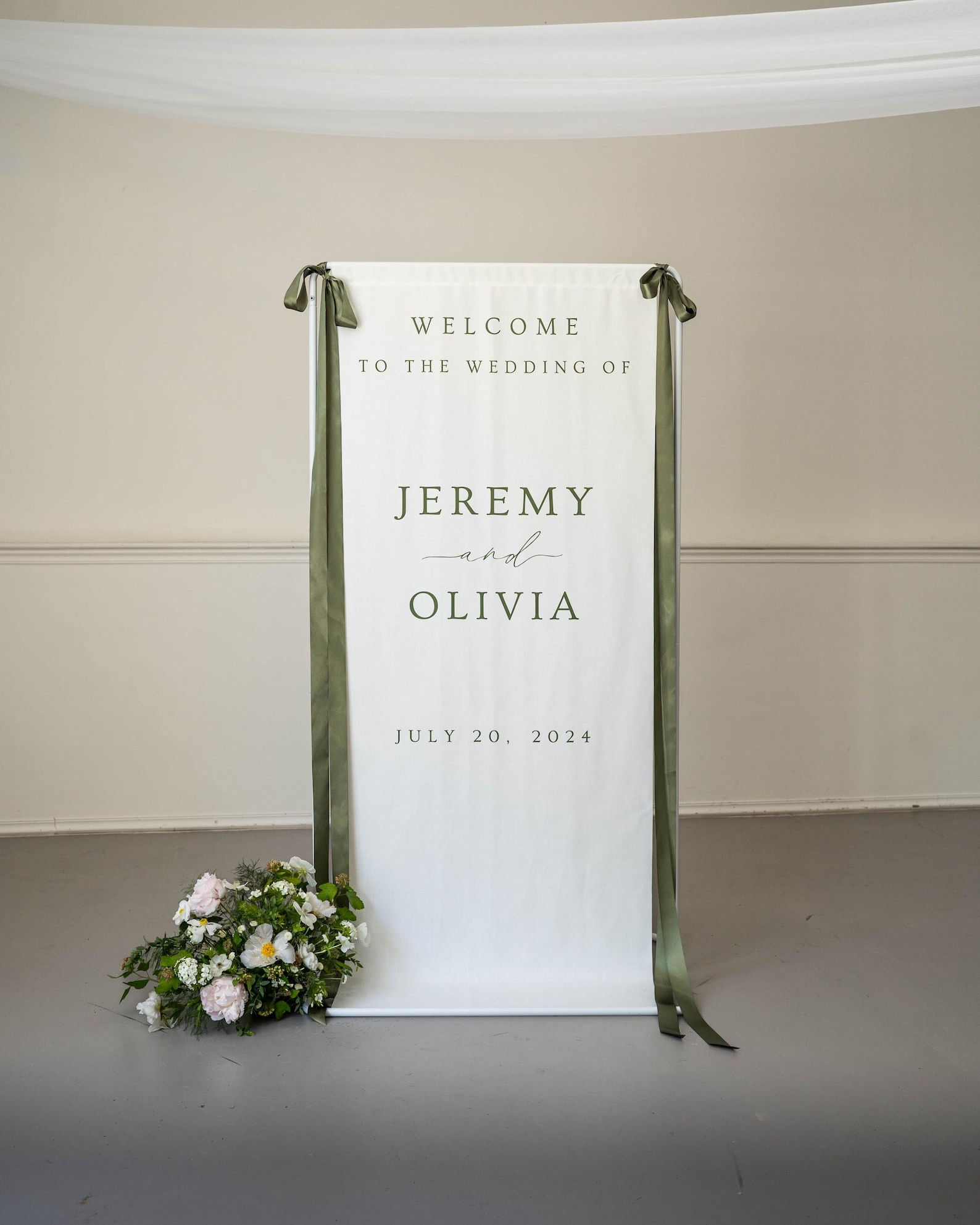 Modern fabric wedding welcome sign with custom script names from WeddingMinimalist on Etsy