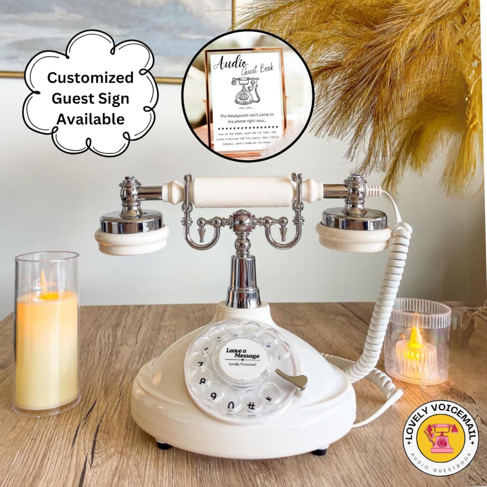 Cream and chrome retro rotary phone audio guest book with a wedding guest sign, from LovelyVoicemail on Etsy