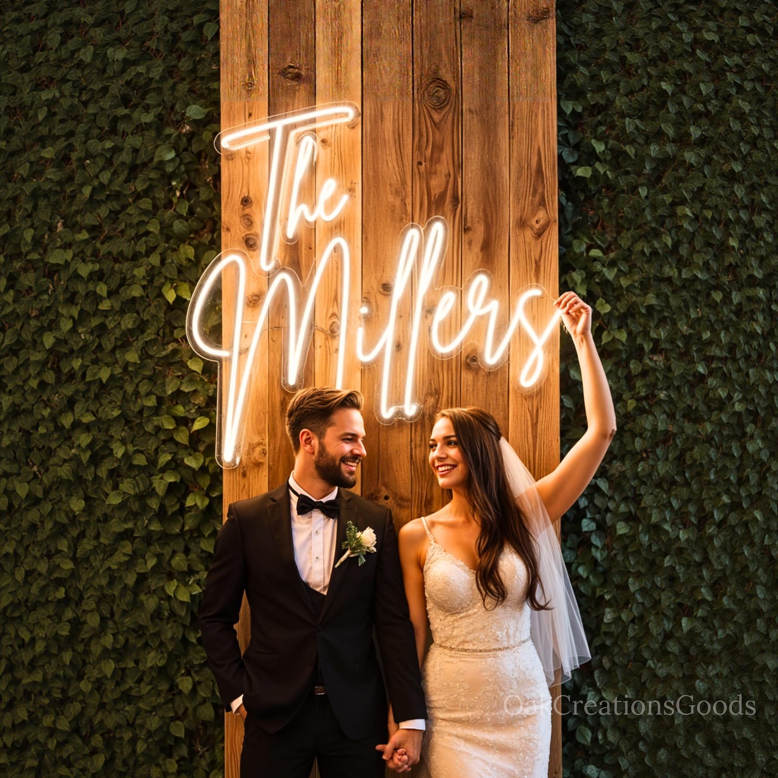 Custom LED wedding neon sign with couple's names in warm white light from OakCreationsGoods on Etsy