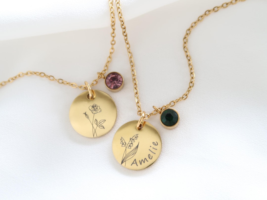 Birth Flower Necklace with Birthstone