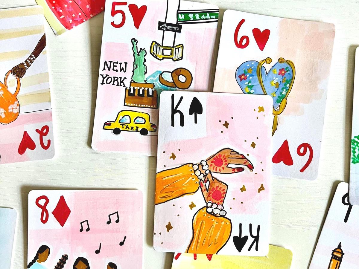 LeelasPatio hand-doodled white playing cards with illustrated figures and city scenes, a groomsmen gift on Etsy