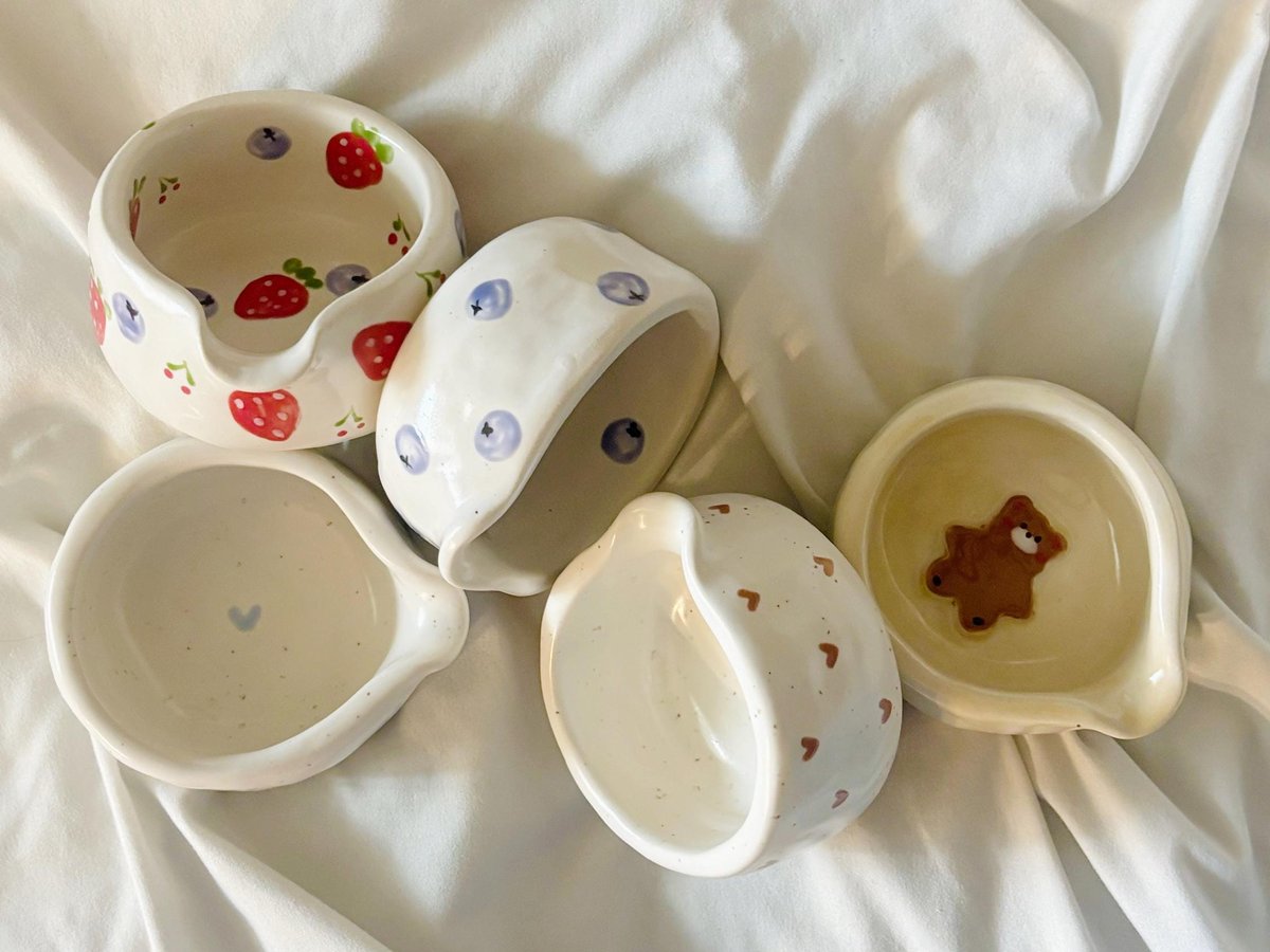 ditsypottery white hand-built ceramic espresso cups painted with blueberries, strawberries and a small bear, on Etsy