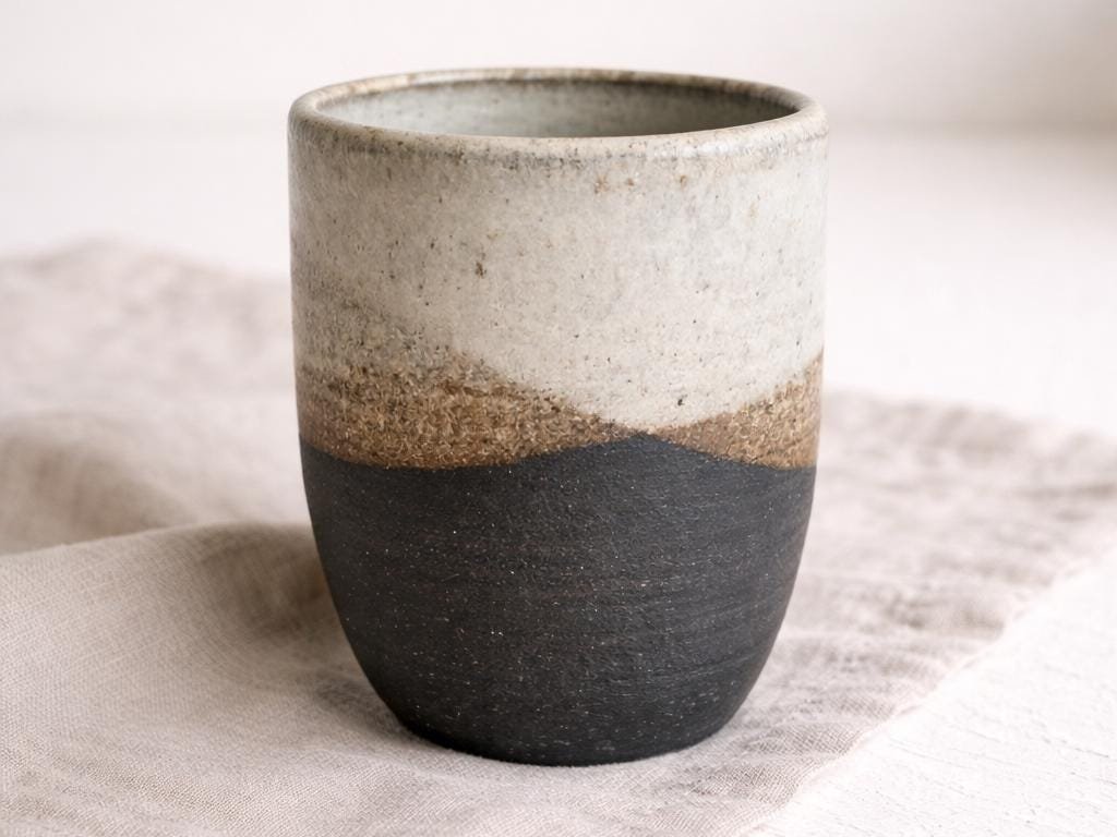 HayesCeramics handleless black and cream stoneware tumbler on a linen cloth, on Etsy