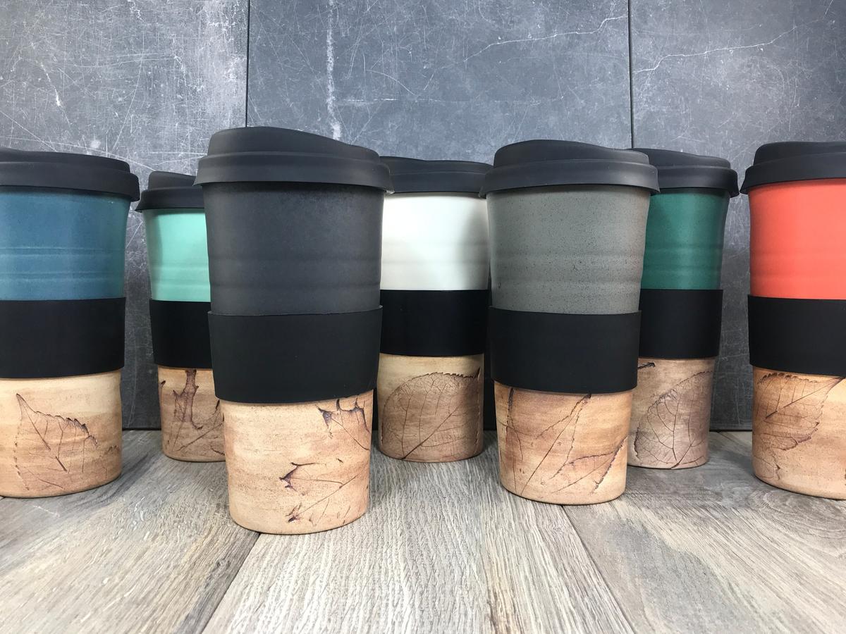 3PointsPottery ceramic travel tumbler with a ceramic lid and pressed leaf pattern, on Etsy