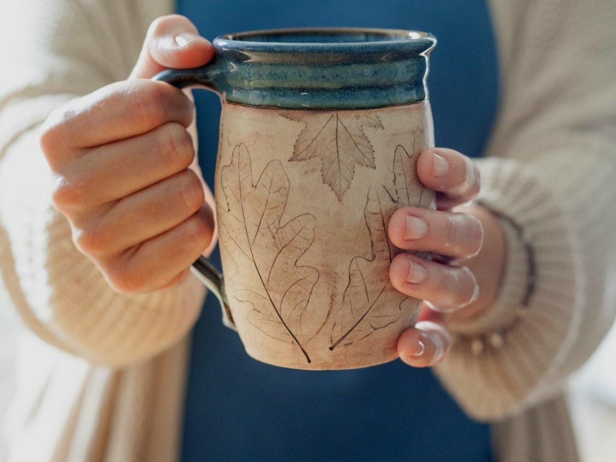 juliaedean 16 oz blue stoneware mug with real leaf texture, a handmade ceramic mug on Etsy