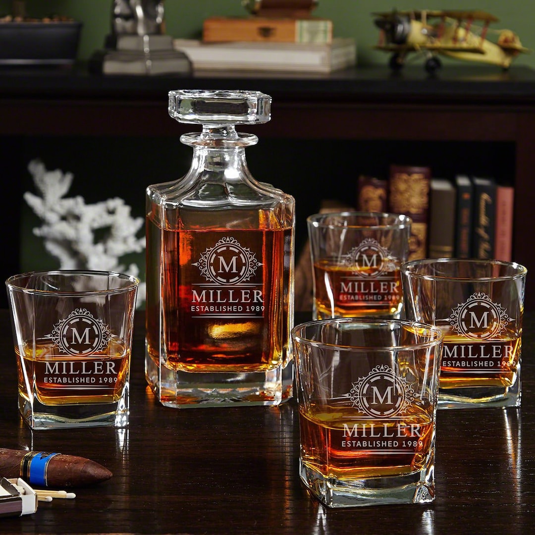 HomeWetBar — Engraved Bourbon Decanter with Glasses — best for Best 21-and-up gift