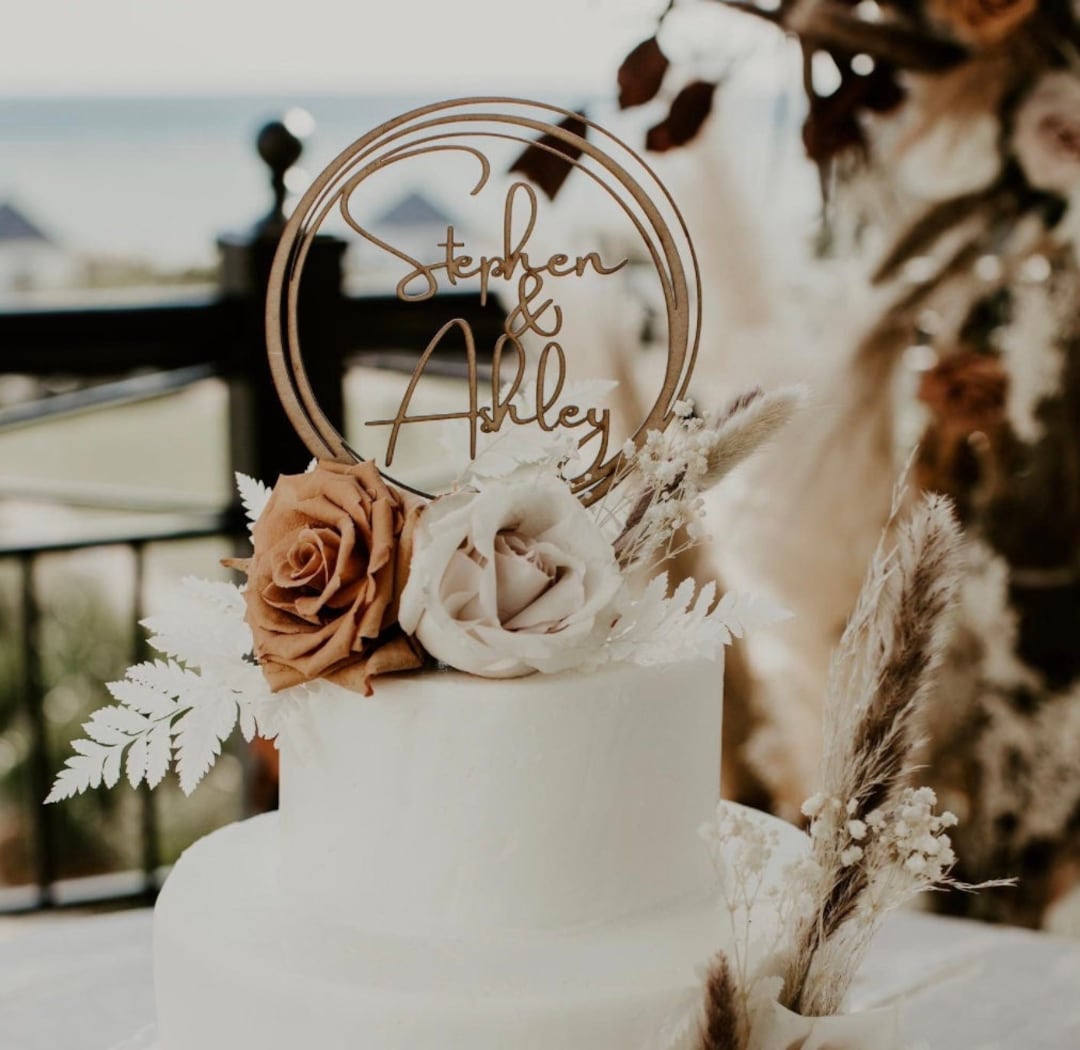 MintToBeUs — Custom Wood Couple Names Cake Topper — best for Rustic and barn weddings