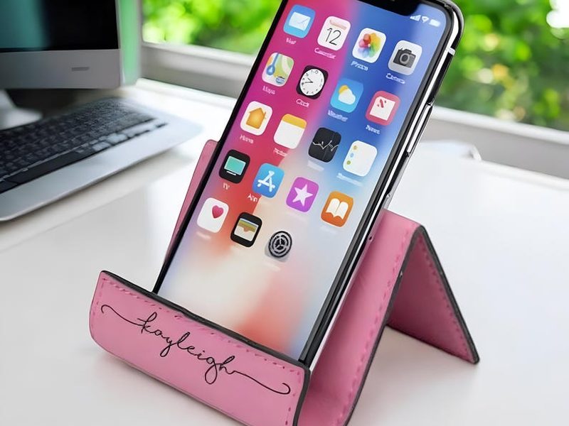 Personalized engraved leather folding desk phone stand from PersonalizedMoments on Etsy
