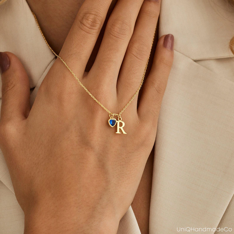 Dainty Initial Necklace with Heart Birthstone