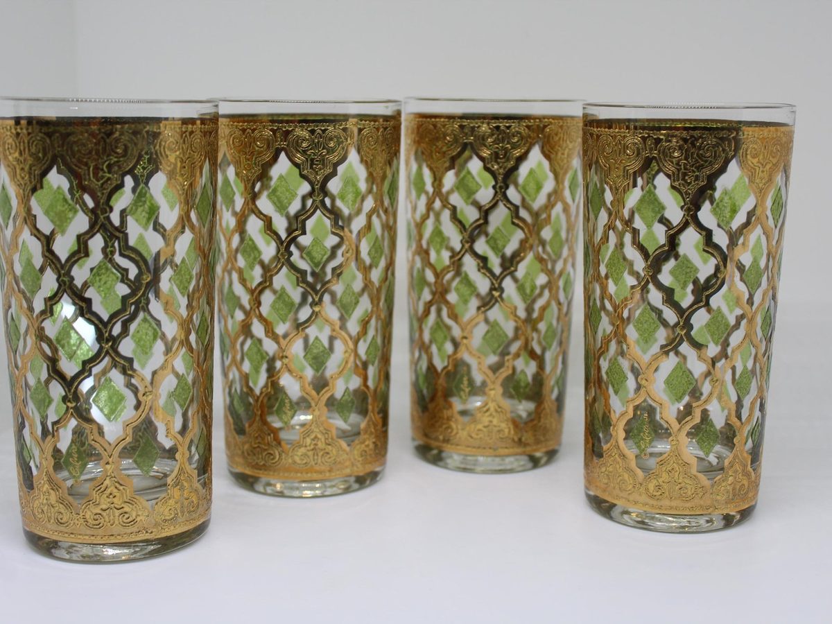 Four gold Culver Valencia highball glasses with raised 22k gold trellis and green rhinestones, vintage barware set