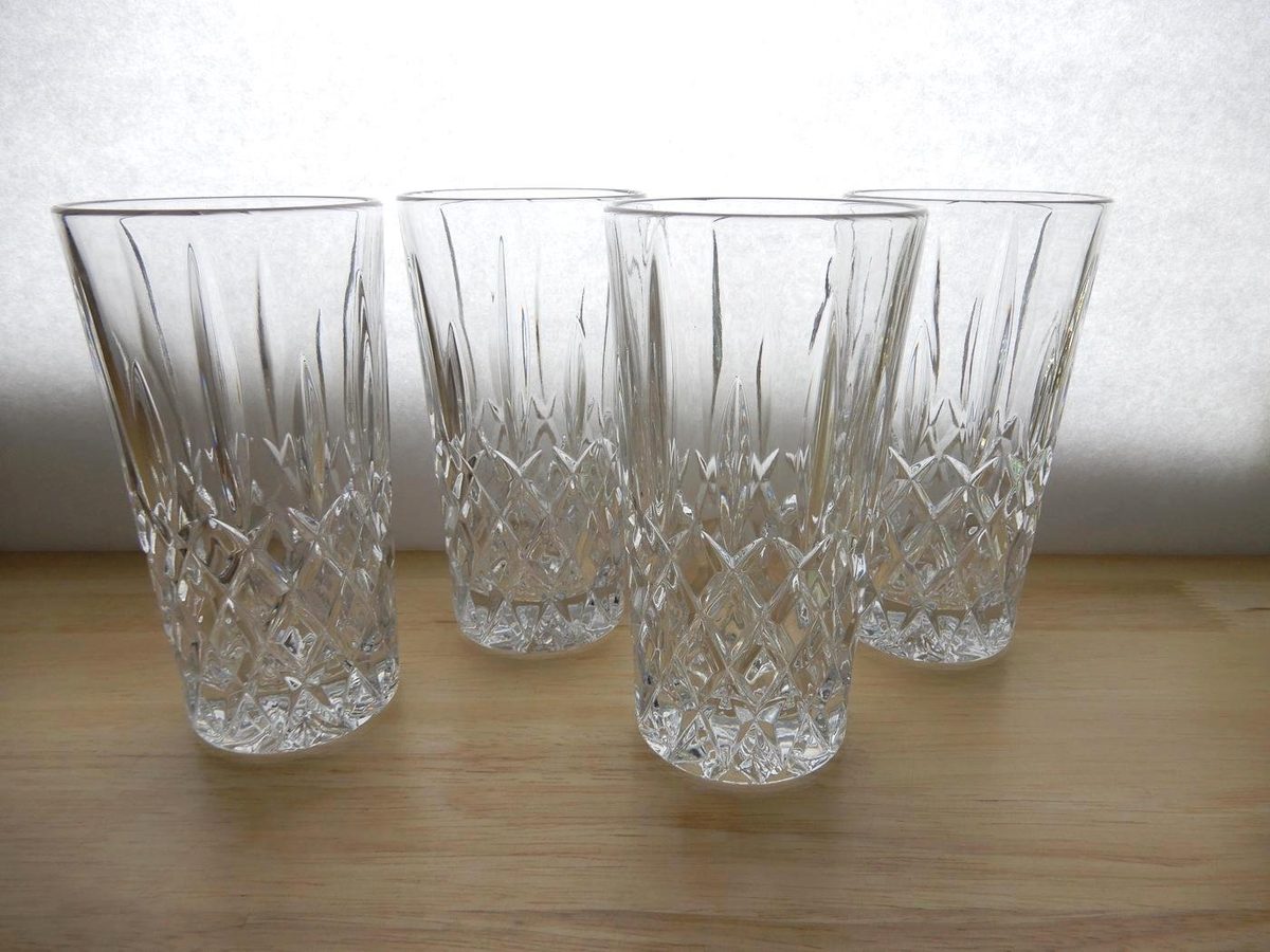 Four clear heavy-bottom diamond wedge cut crystal highball glasses, 10 ounce, plain glass vintage barware