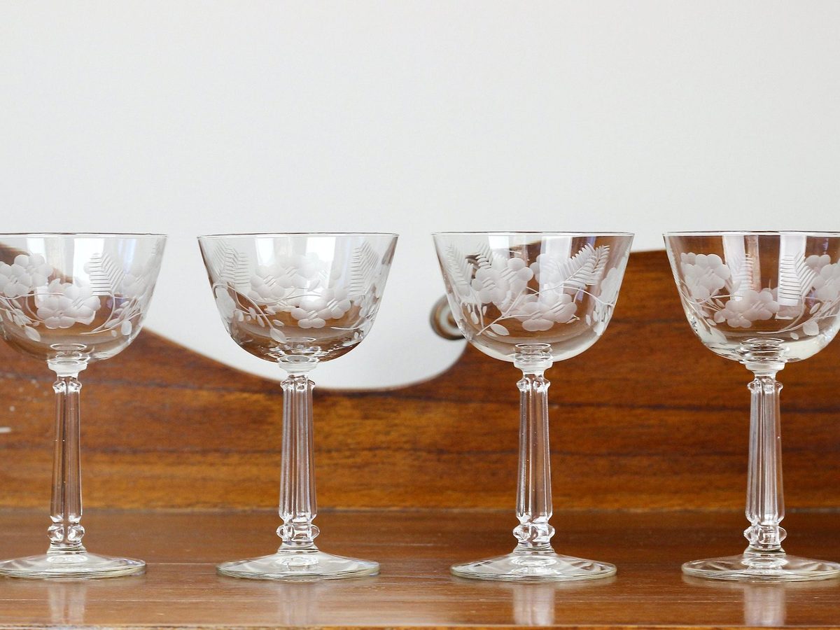 Four clear etched glass Rock Sharpe Nick and Nora cocktail glasses, 4 ounce, vintage stemware for stirred drinks