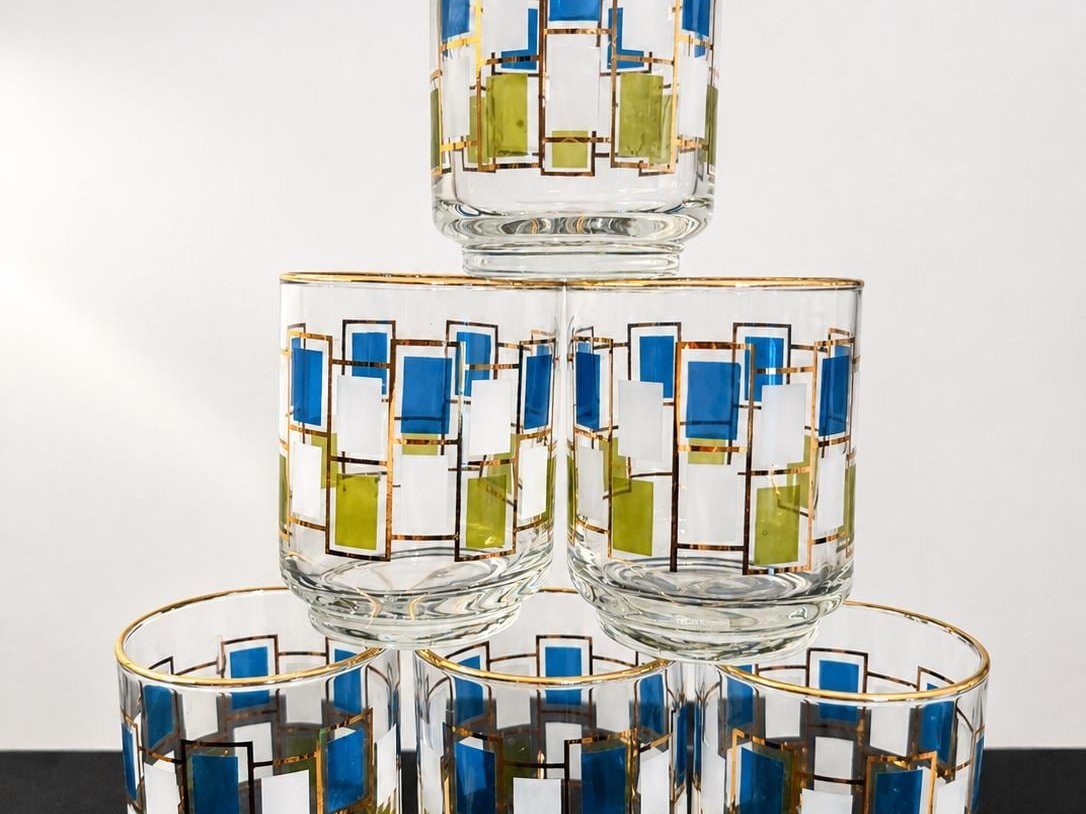 Six Libbey Nordic lowball rocks glasses with blue, green and gold geometric pattern, 1960s vintage barware set