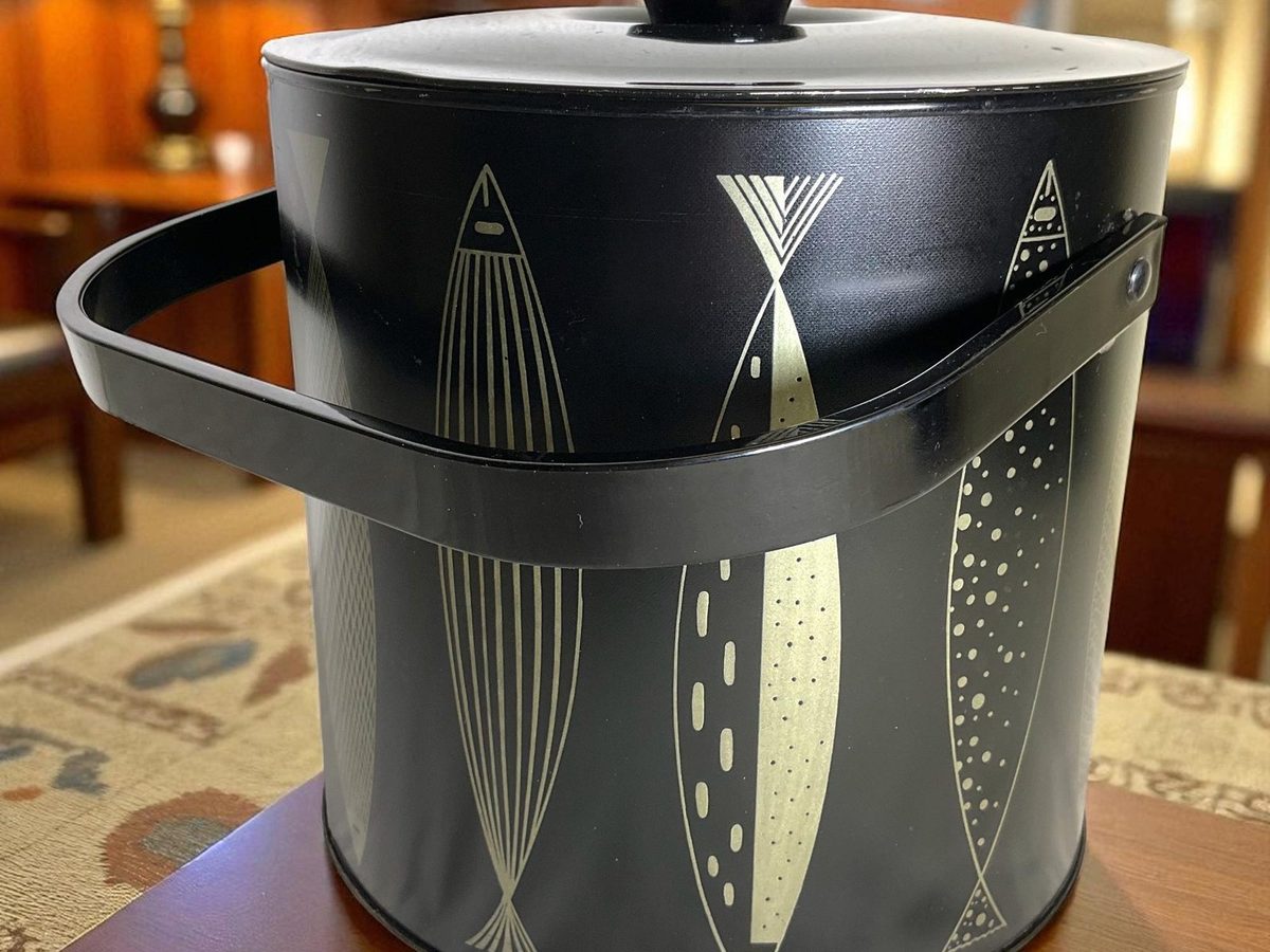 Fred Press mid century modern black and gold metal ice bucket with atomic fish design, lid and handle