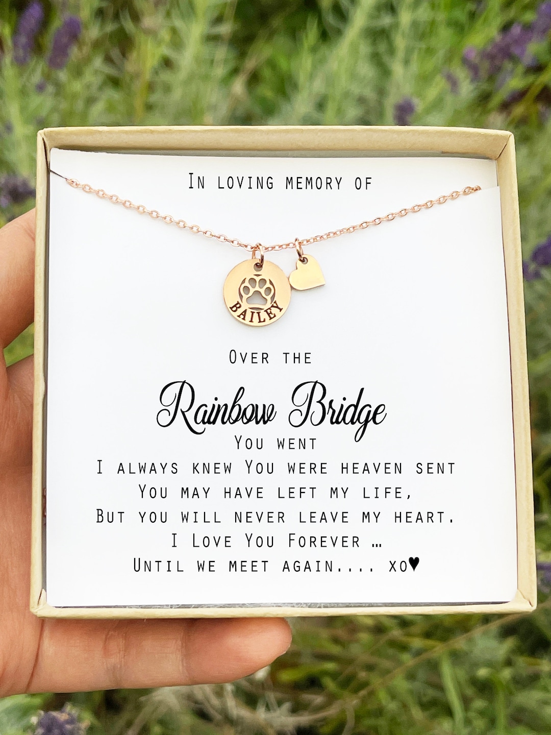 Rainbow Bridge memorial necklace with rainbow charm and paw print Etsy WhiteCarnationDesign