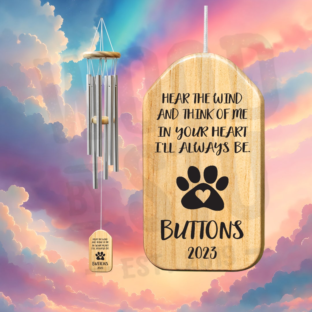 Personalized pet memorial wind chime engraved with dog name and dates from WoodByStu Etsy